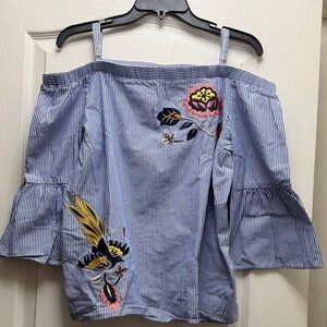 Striped Off-Shoulder Top with Floral Embroidery